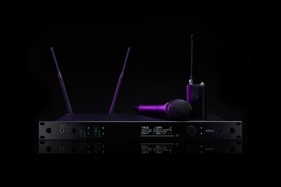 DPA N-Series digital wireless system shown with transmitter and microphone.