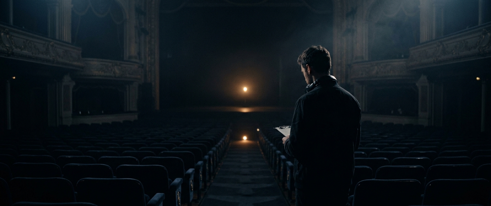 A sound designer stands alone in the centre aisle of a darkened, empty theatre before a show.