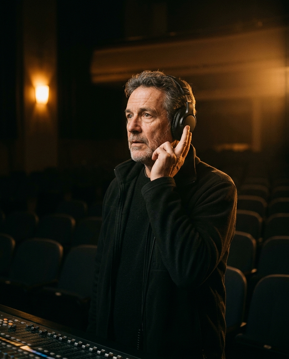 A sound designer listening intently in a darkened theatre, half-lit.