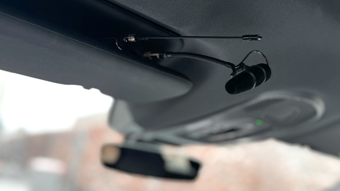 DPA 4097 micro shotgun microphone rigged inside a vehicle for location sound.